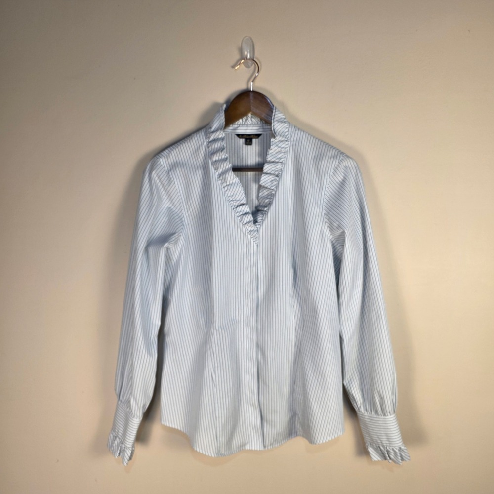 Brooks Brothers Blouse Women 12 Blue White Striped Ruffle Neck Supima Cotton